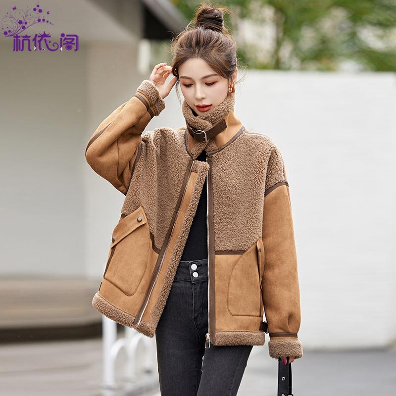 皮毛一体羊羔毛套绒女皮冬新款外仿草加加厚鹿皮绒机车服ZLAI821