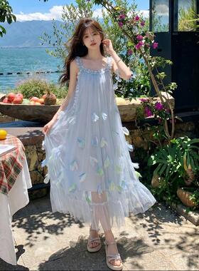 仙气飘飘蝴体蝶网纱吊带连衣女夏立新款时尚度假风绝美长C525-Q87