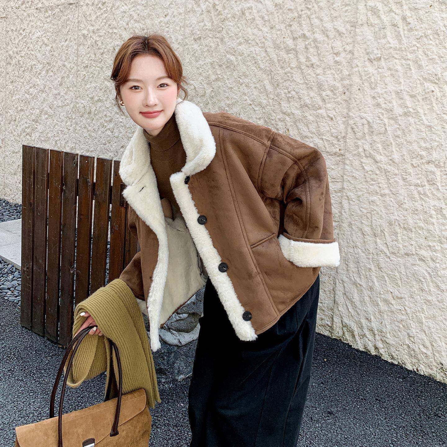 棉款短款羊羔毛棉服女外套冬新小个子加绒加厚复古棕C19-87色洋气