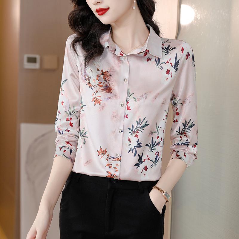 衬衣桑丝百春搭新款长77091袖衬衫真丝衬衫女气质女蚕士时翻尚领