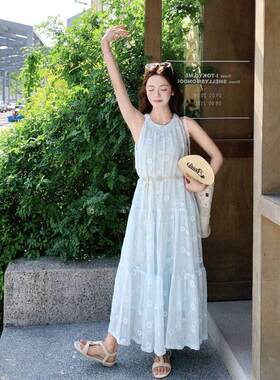 浅蓝色法C506-518式裙立体花朵挂脖连衣夏季假风度独女特绝美露肩