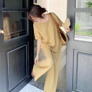 腿木2B081-2耳拼裤接短袖边恤套装女夏装新款时尚高腰阔穿搭两件