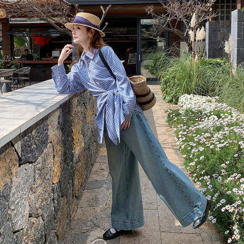 蓝色设计不规则休闲子格打衬衫底衣女春新款小个子上显ZR2C00瘦百