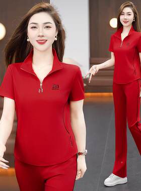 运动套装女季夏跑新款时休尚洋气闲潮流短袖步跳舞89869944服两件