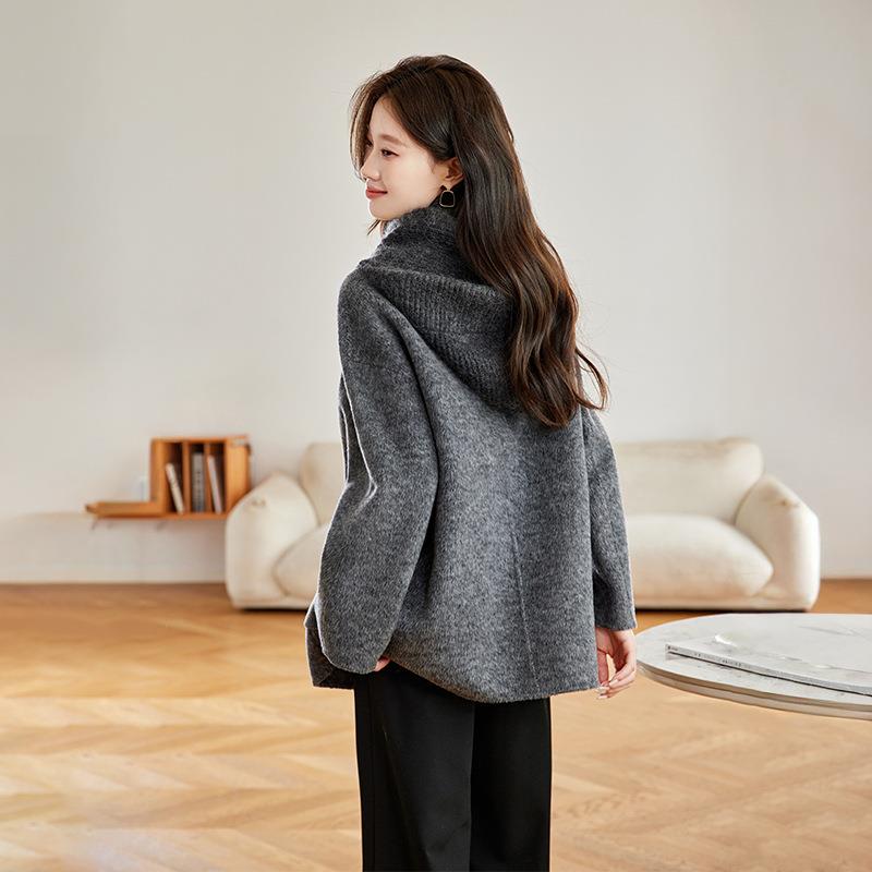 0125秋新款加厚保暖围巾领宽松羊毛呢2大衣休冬闲毛呢外套女HE5HE