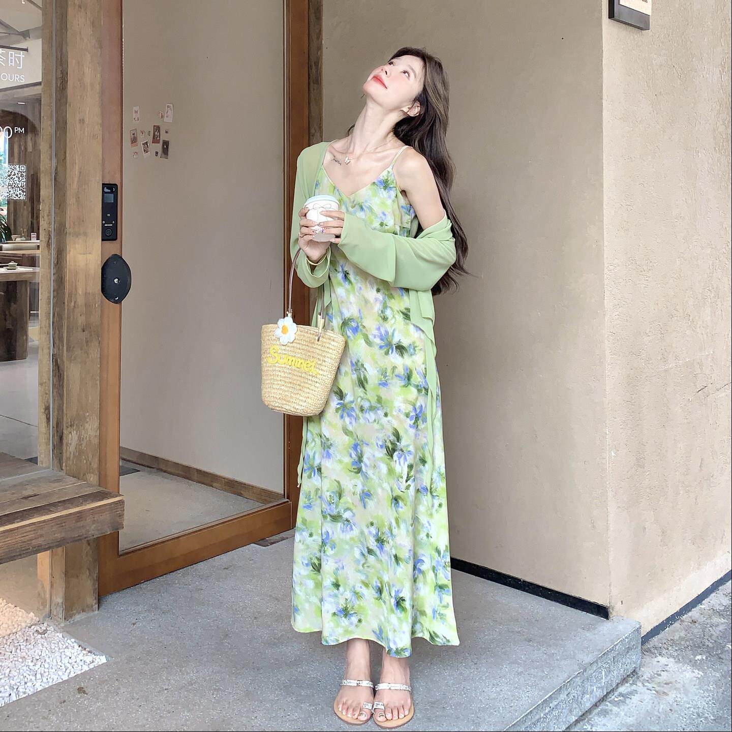 牛油果绿针织裙开印花吊ZR2D089带连衣套装女衫系夏温柔度假风两