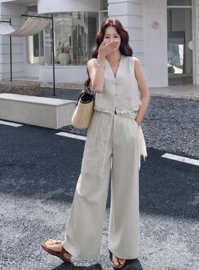 法式蕾丝接领马甲阔裤两套女夏C189-271季穿搭拼气质高件腿级感套