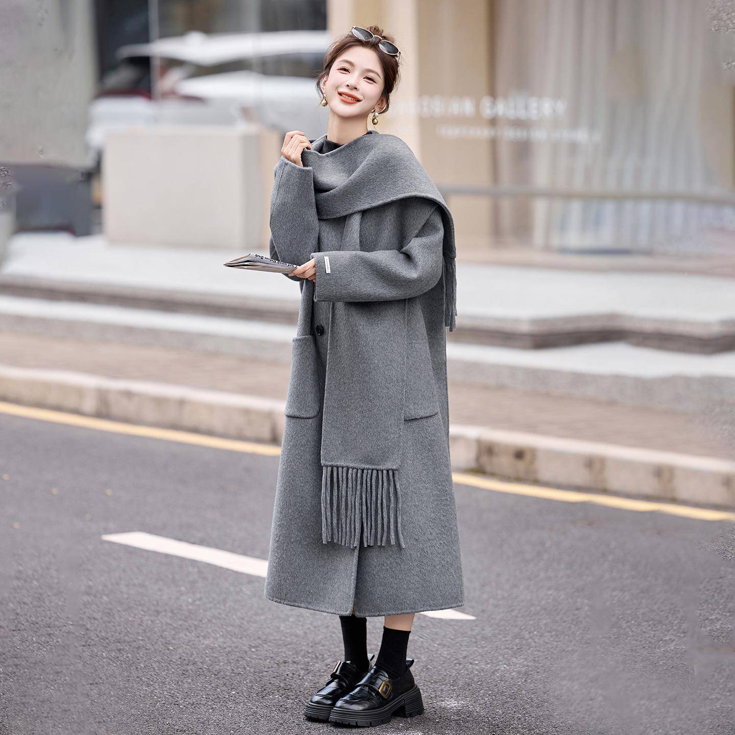 黄色双ZQI2801X面羊毛大衣女冬外套中长款韩系赫秋本高风级呢感子