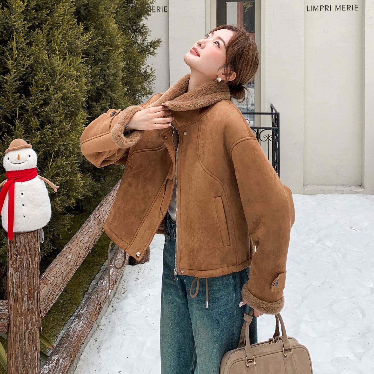 咖棕时尚复古大翻领色女羔毛短外套冬新D044-251款仿皮毛一体羊机