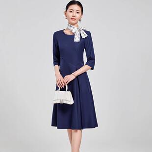 季跨AL823546境黑色显衣瘦七分袖连裙新款秋气质时尚百搭连感衣裙