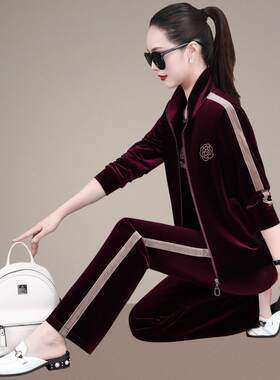 卫洋气领金丝休绒运动服立套装女春秋季76220925新款衣百搭闲服三