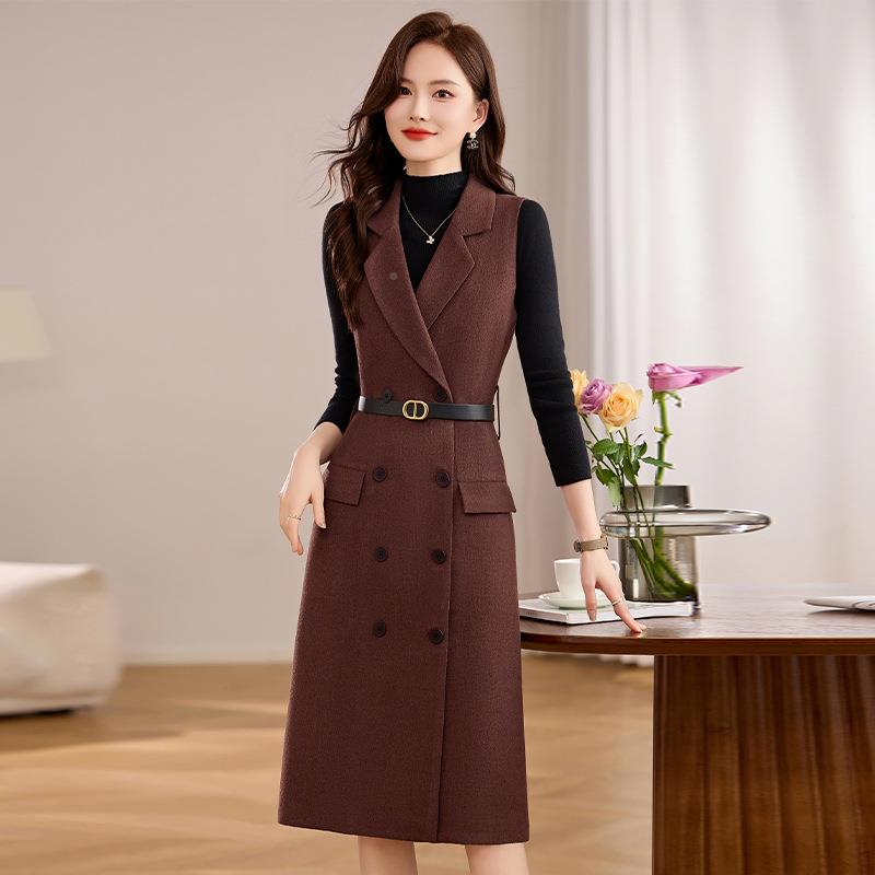 女连衣裙20225早XM230-12春新款织衫百搭双排扣西装领两长针裙件