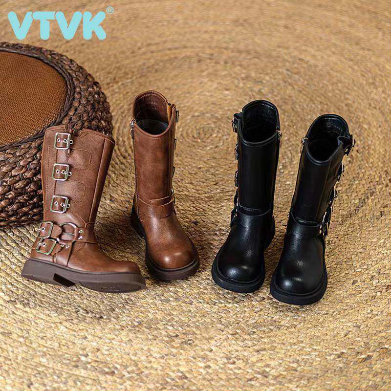 VTVK女童真皮马丁靴长筒靴2025秋冬儿童覆古金属扣公主二棉长靴子