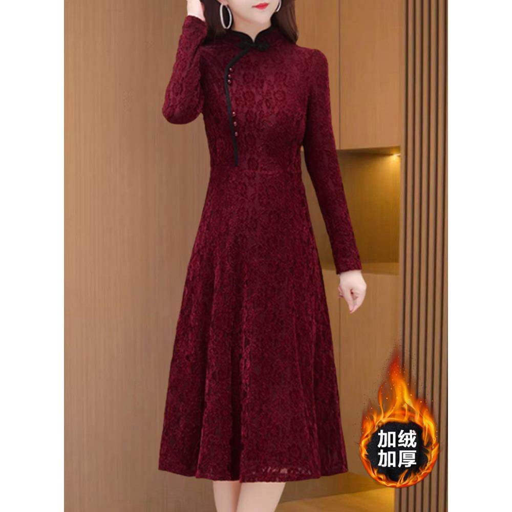 中式大码旗袍打底裙秋冬新款加绒加厚喜婆婆长裙长袖红色连衣裙女