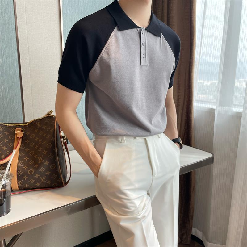 潮牌夏季翻领时尚潮流免烫针织上衣扣式拼色休闲短袖透气男士polo