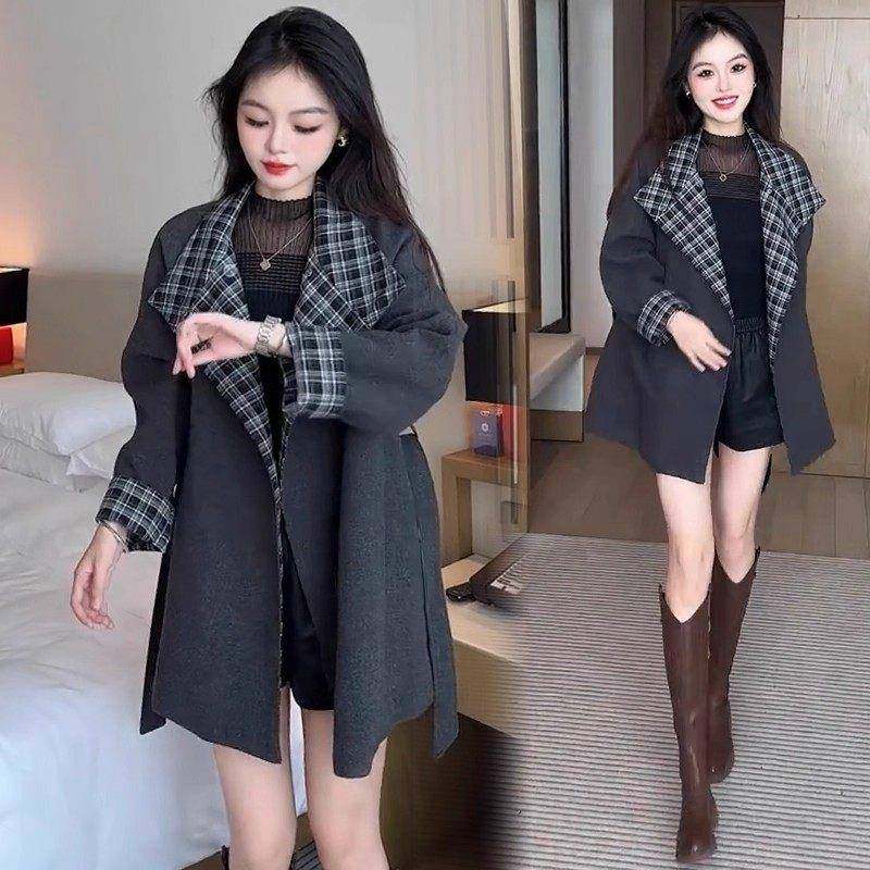 香港代购时尚毛呢外套女秋冬新款洋气减龄中长款格子拼接翻领大衣