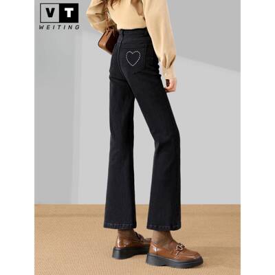 WEI TING微喇牛仔裤女2025新款秋季高腰显瘦小个子刺绣九分喇叭裤