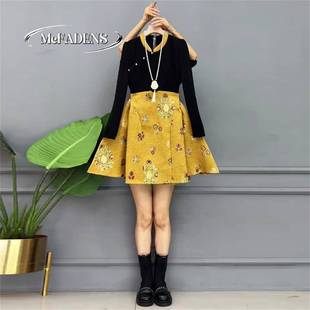 香港复古胖MM显瘦拼接连衣裙冬季新款提花中长款国风大码女装长裙