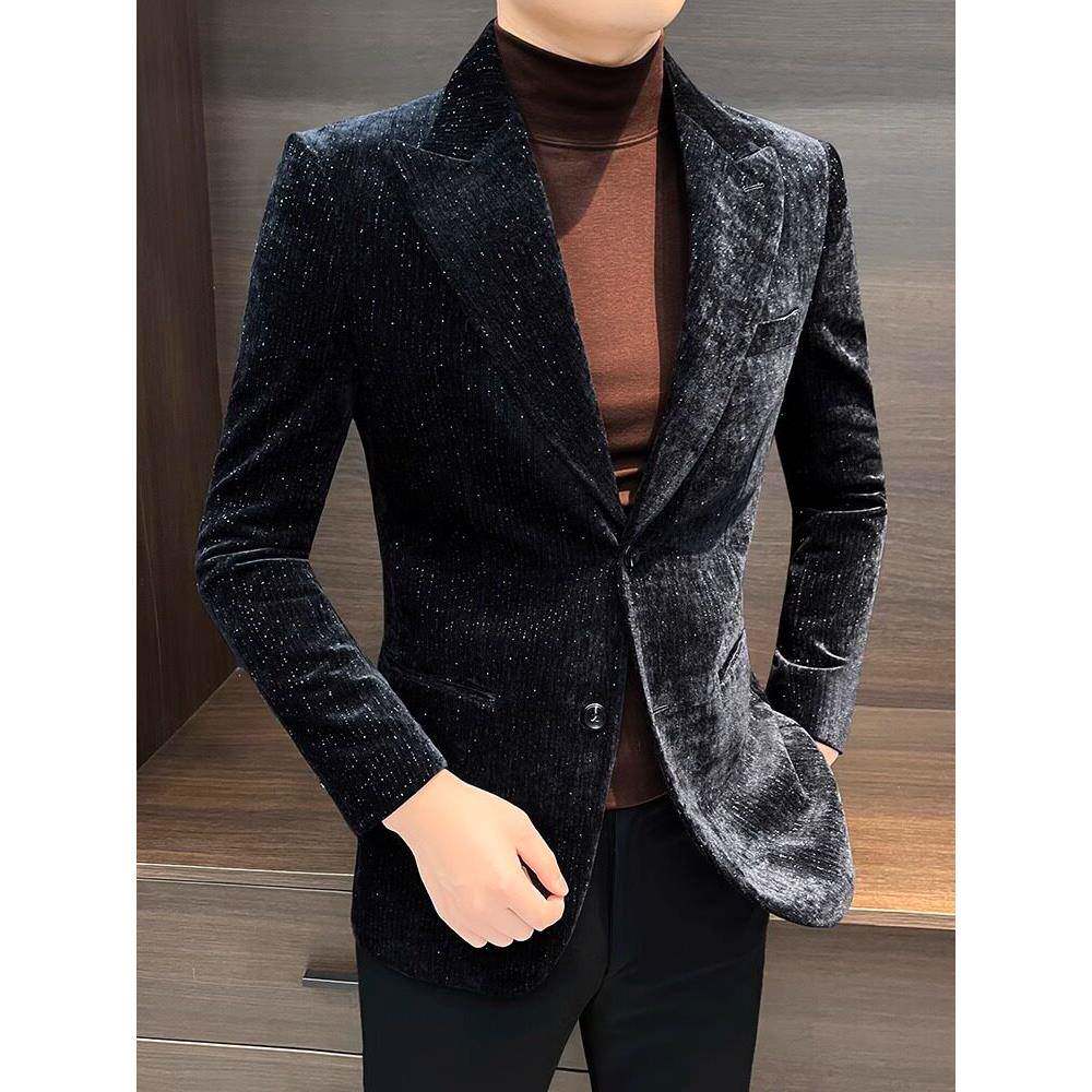 欧洲站金丝绒西装外套男士高级感秋冬新款上衣痞帅男装休闲西服潮