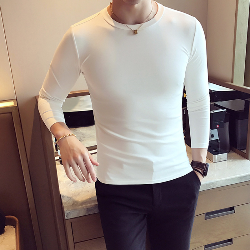 香港男长袖t恤2025春秋新款白色紧身内搭潮流纯棉韩版圆领打底衫