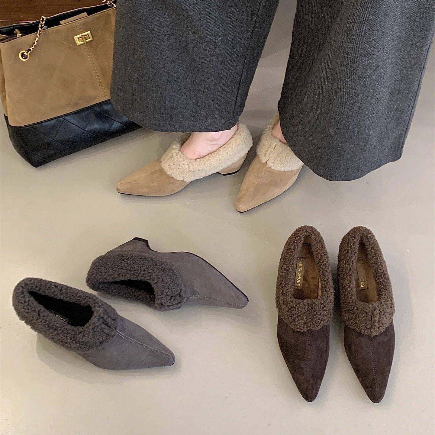 潮牌加绒2025秋冬新款尖头粗跟中跟棉鞋保暖低跟毛毛鞋女深口单鞋,女鞋,棉鞋,淘宝优惠券,粉丝福利购,淘宝优惠卷