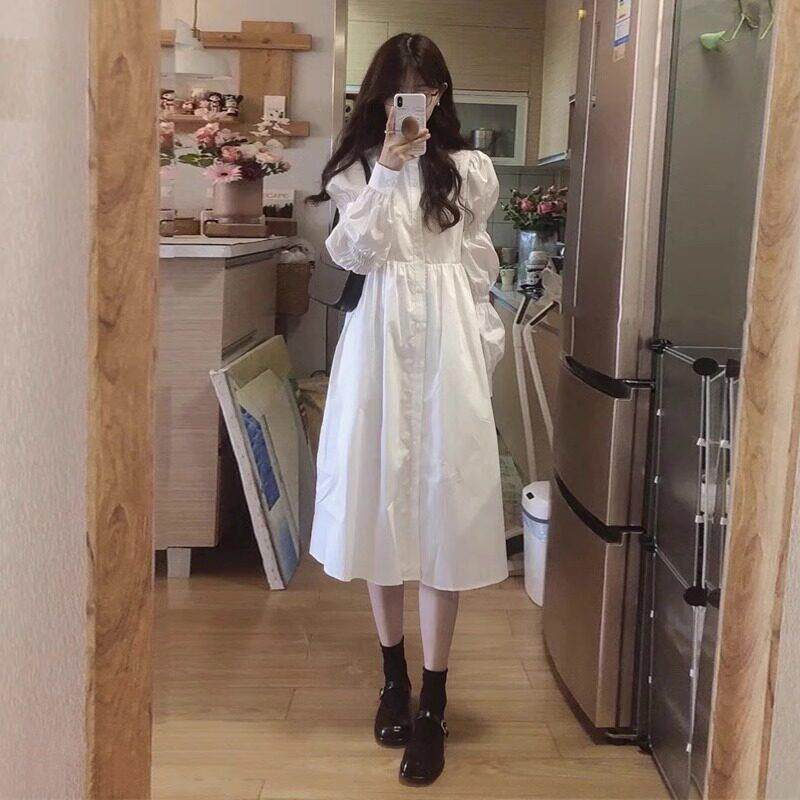 欧洲站春装女2025年新款法式长裙小众设计感中长版白色衬衫洋装