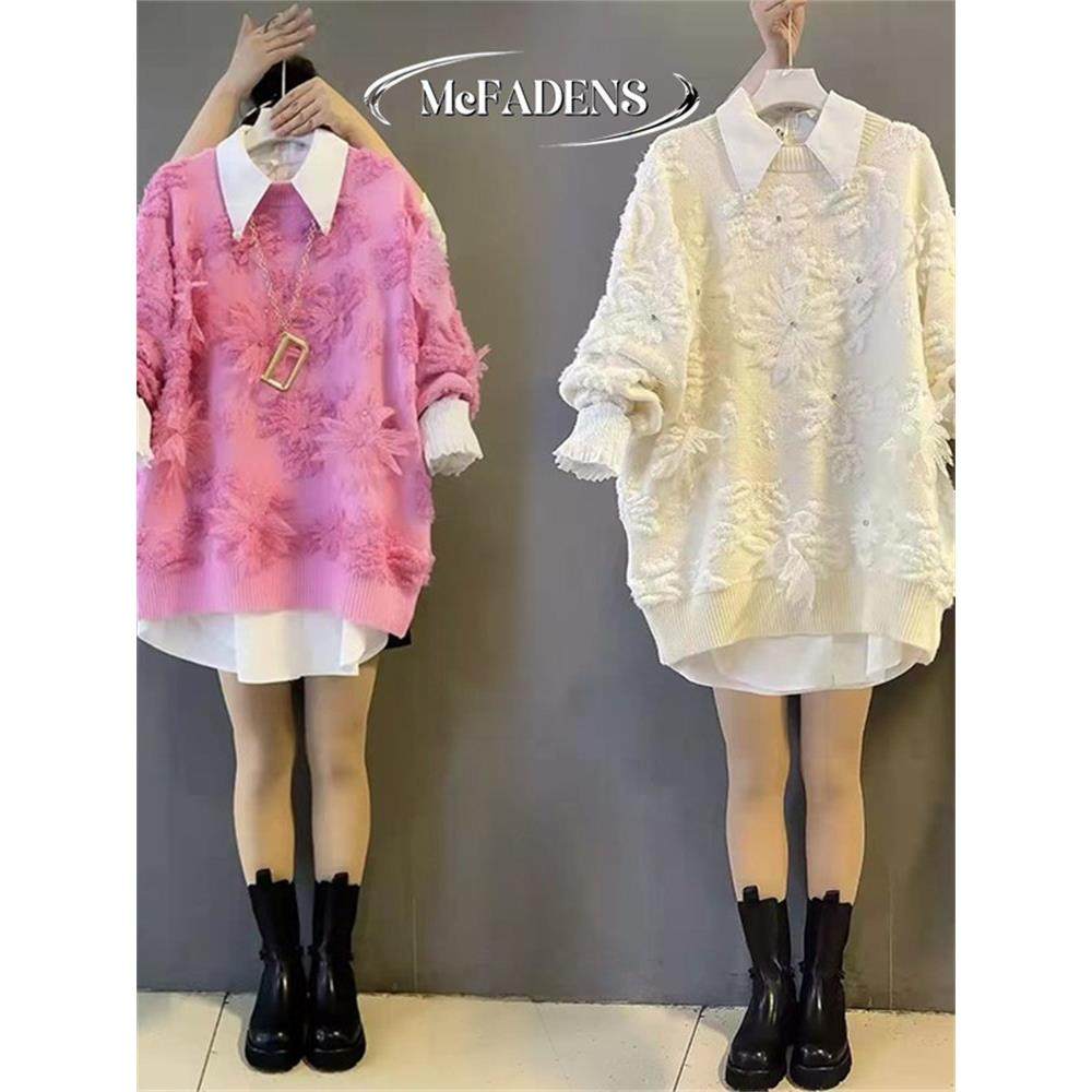 香港大码女装秋冬新款宽松修身衫外衫胖妹时尚针织女装套装