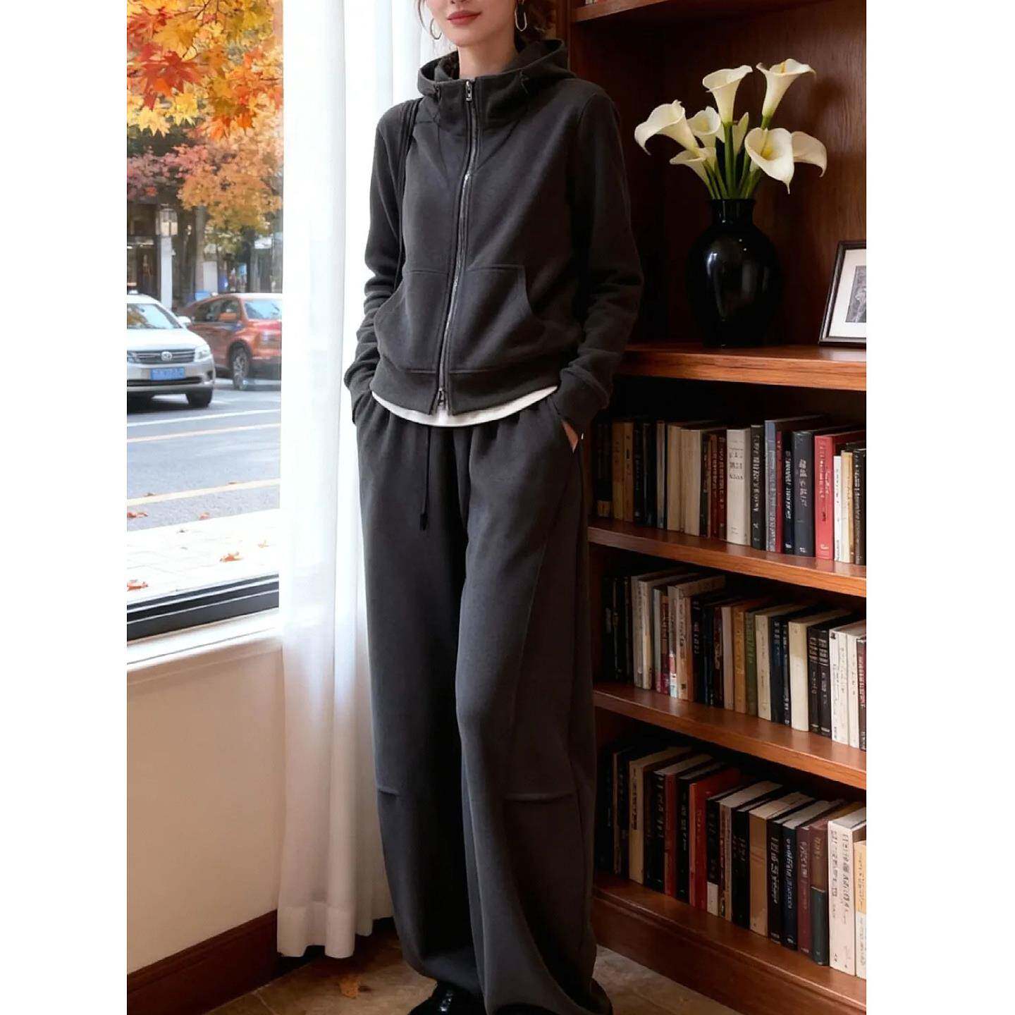 韩国慵懒风休闲运动套装女加绒加厚秋冬连帽卫衣外套阔腿裤两件套