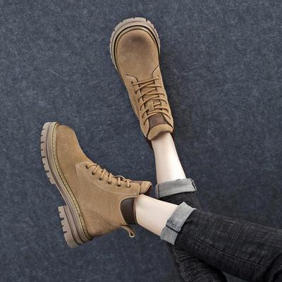 内增高马丁靴女2025秋冬新款加绒真皮平底短靴爆款复古系带大黄靴