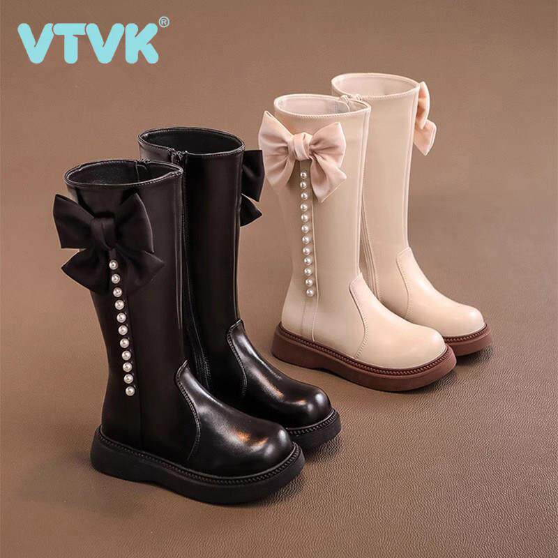 VTVK真皮女童鞋儿童公主高筒靴2025秋冬新款加绒中大童长筒马丁靴