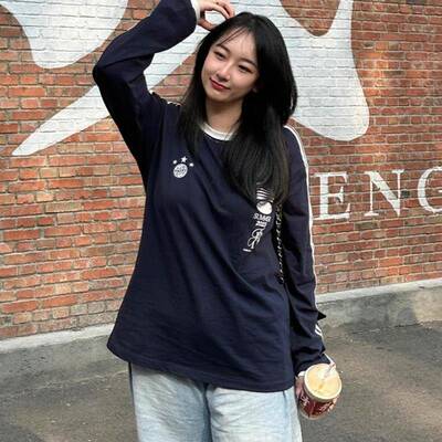 【现货】韩国aeae黄礼志同款美式覆古条纹球衣风宽松卫衣长袖女