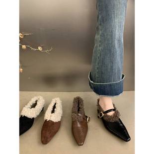 潮牌毛毛鞋女秋冬加绒棉瓢鞋森系尖头浅口羊羔豆豆鞋船鞋平底单鞋
