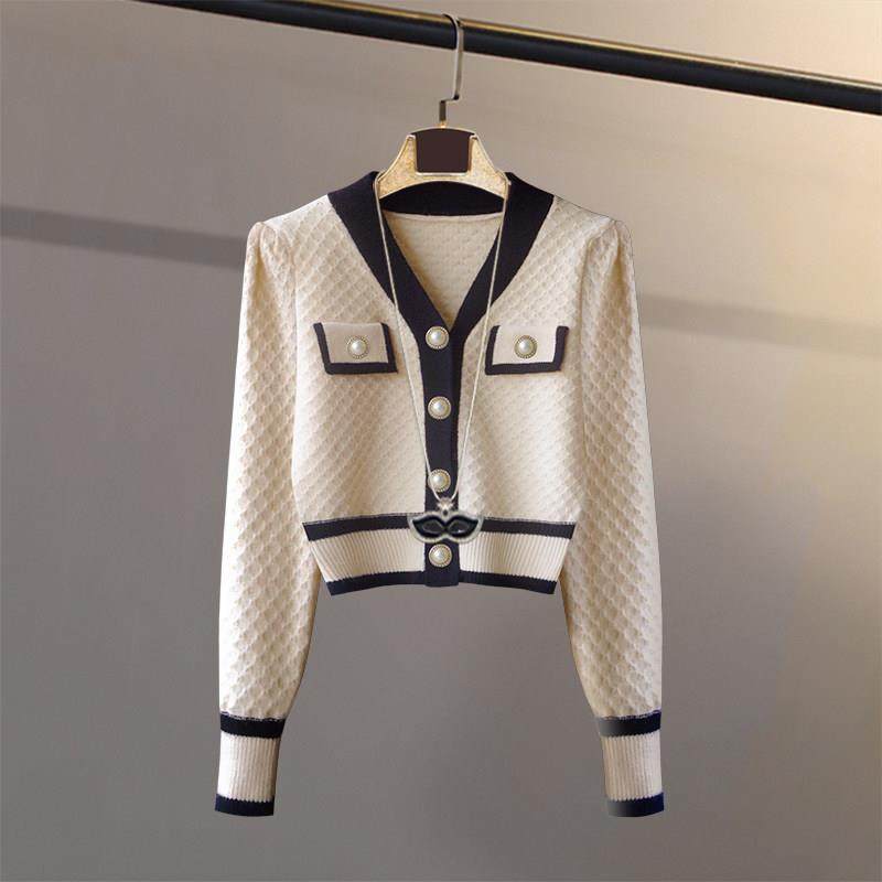 潮牌复古小香风拼色针织衫开衫女2025秋冬季毛衣外套短款高腰上衣