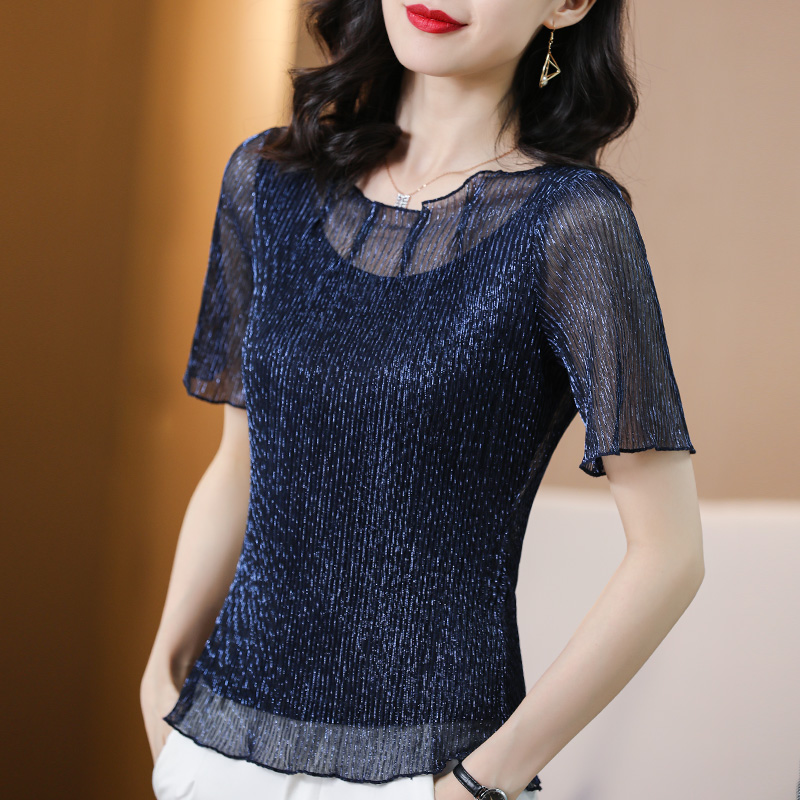 新款亮丝蕾丝内搭小衫设计感小众网纱上衣女夏洋气t恤时尚打底衫