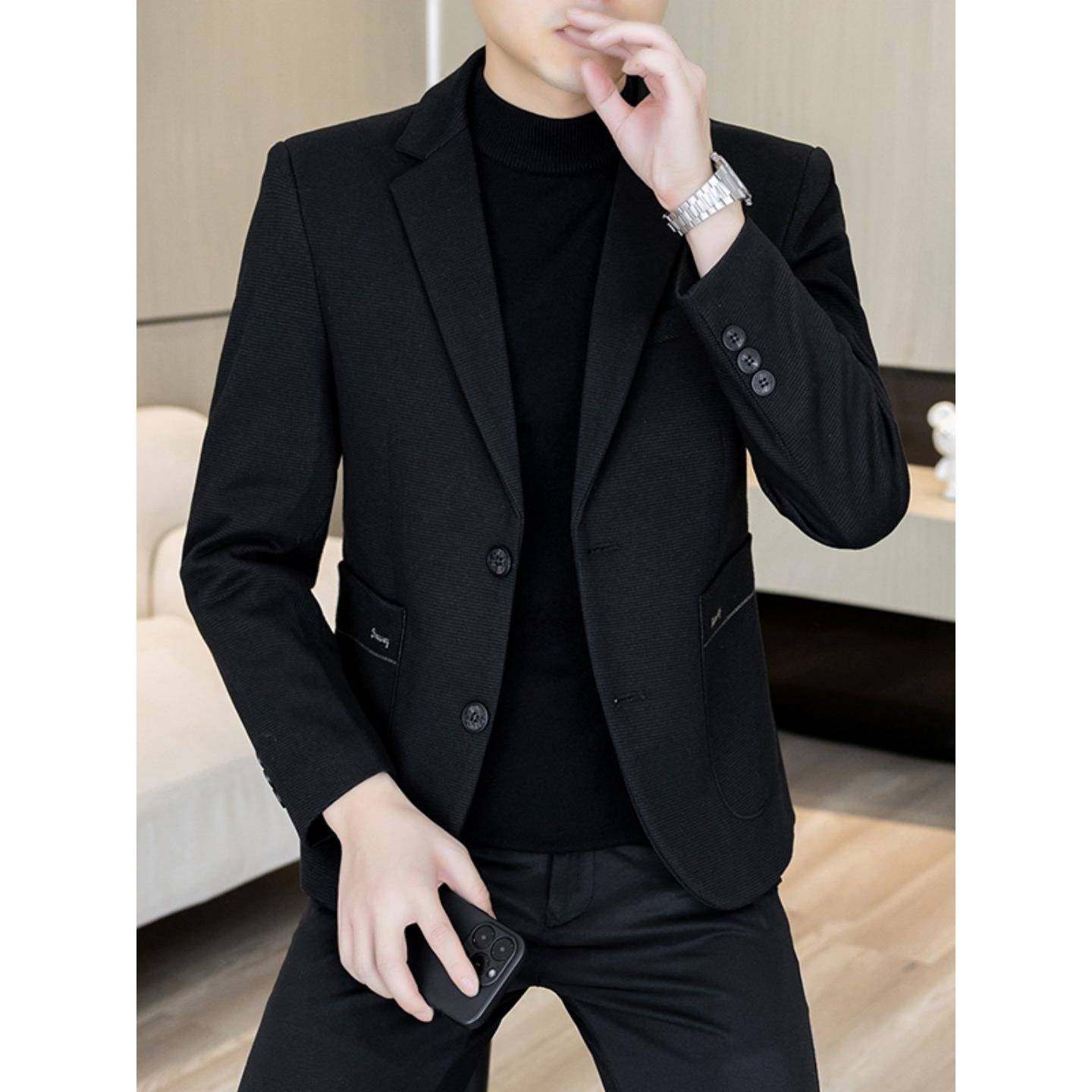 黑色休闲西装外套男秋冬季新款西服男士商务两粒扣修身潮流小西装