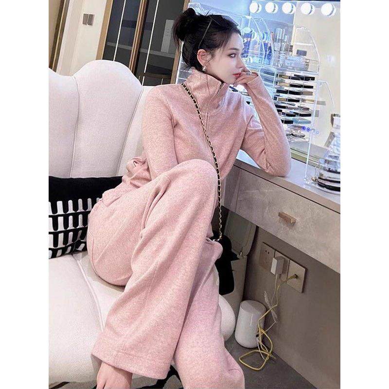 休闲运动套装女春秋季2025新款气质减龄粉色加绒卫衣阔腿裤两件套
