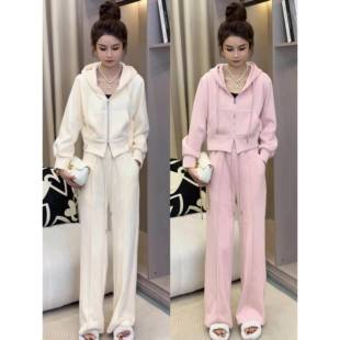 欧洲站时尚套装女秋冬新款连帽加绒卫衣外套阔腿裤运动休闲两件套