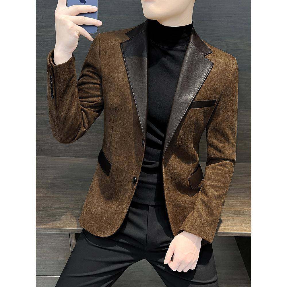 TWG鹿皮绒西装外套男士春秋2024新款爆款高级感痞帅拼接休闲西服