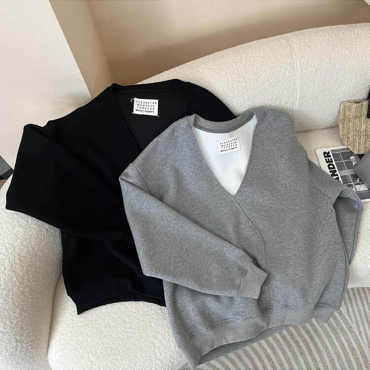 韩国深V领纯色卫衣外套女春秋新款小个子时尚个性小众长袖T恤上衣