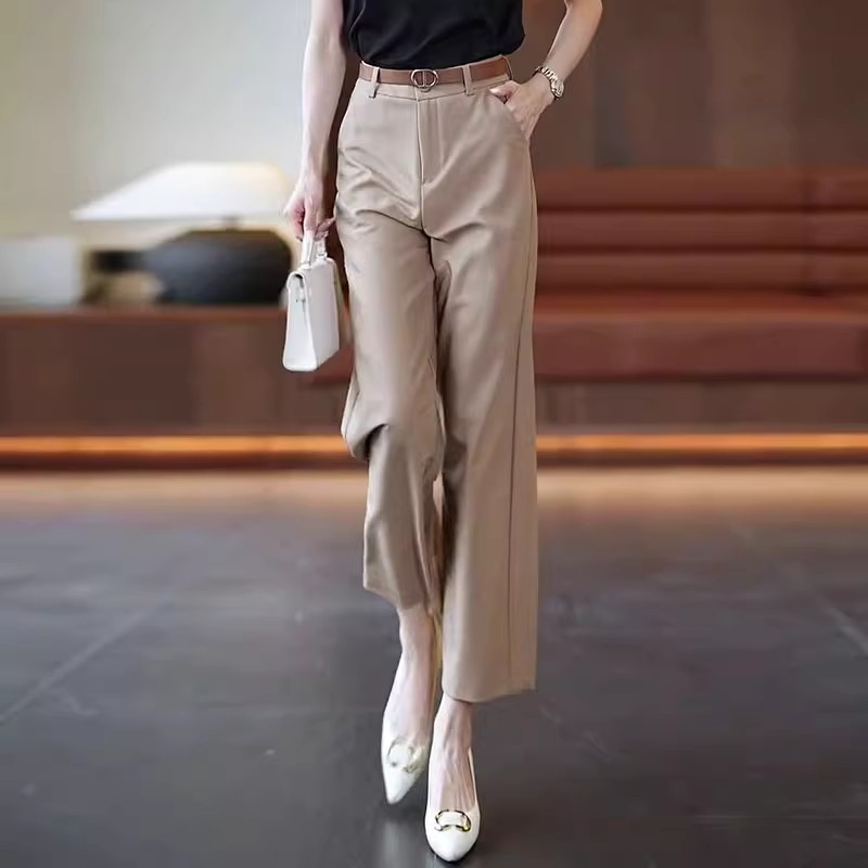 卡其色冰丝九分裤女2025夏季薄款高腰直筒裤韩版垂感阔腿裤