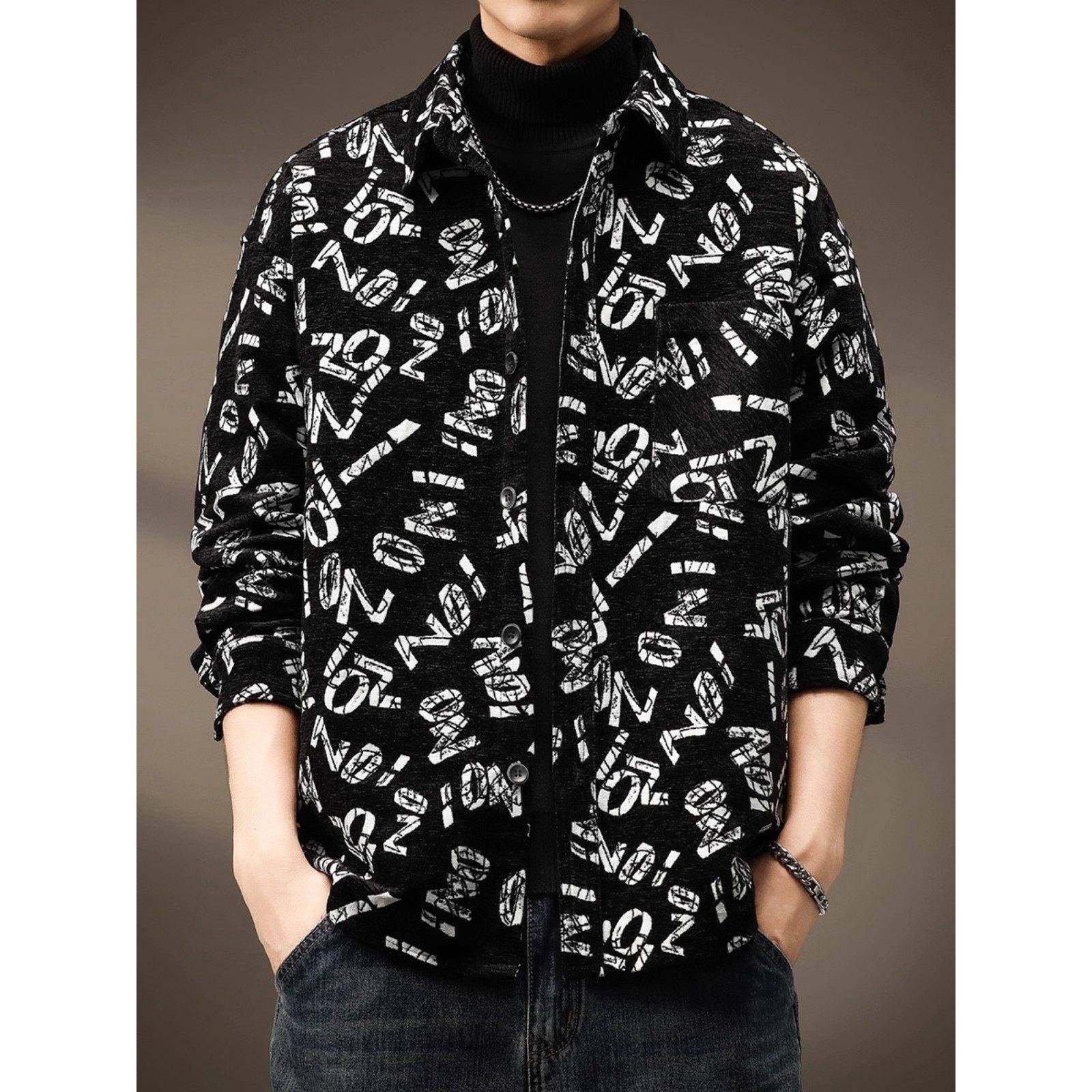 高端2025秋季新款重磅字母提花休闲衬衫男士潮牌宽松长袖夹克外套
