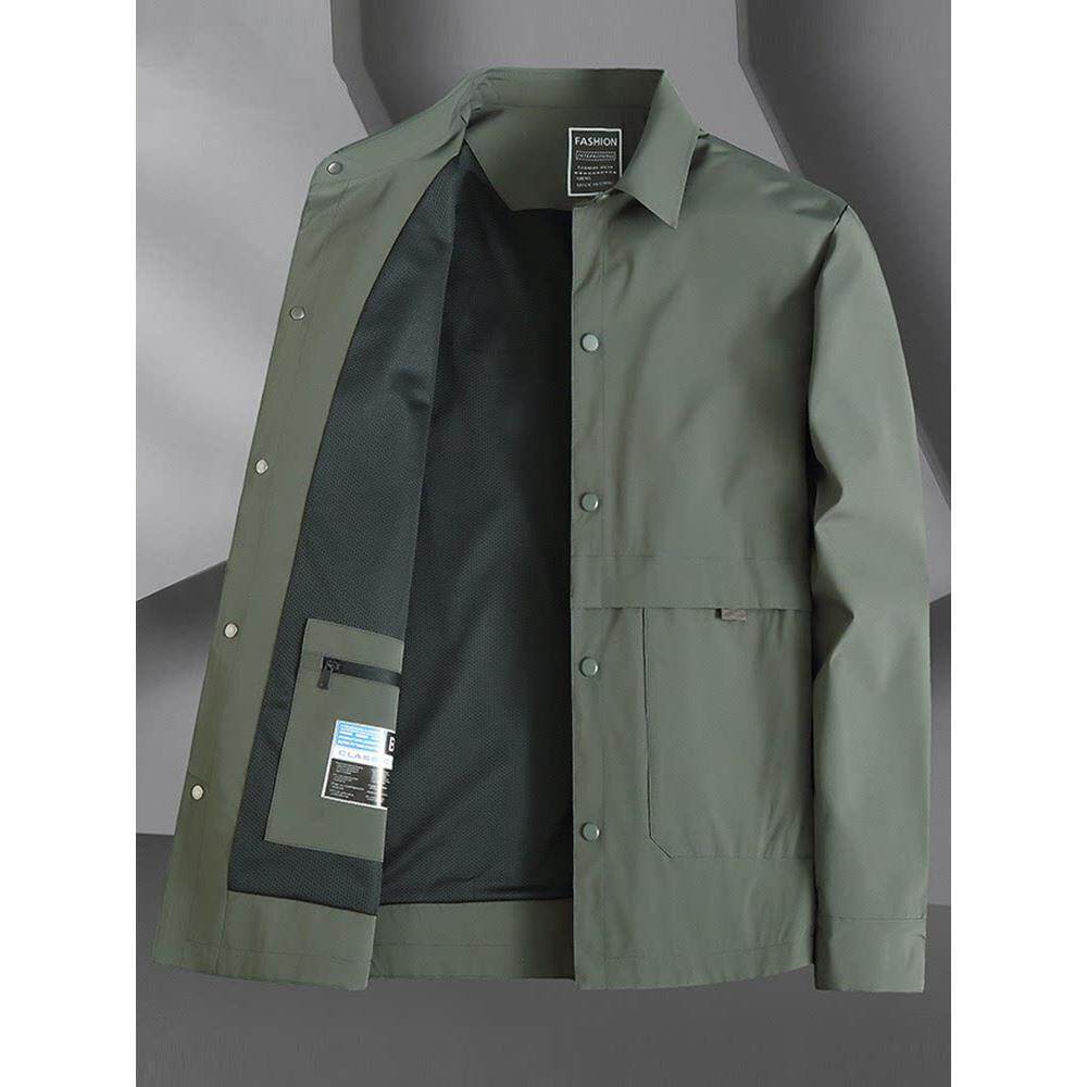 高端军绿色翻领夹克男春秋季中年商务宽松大码单排扣风衣外套高端
