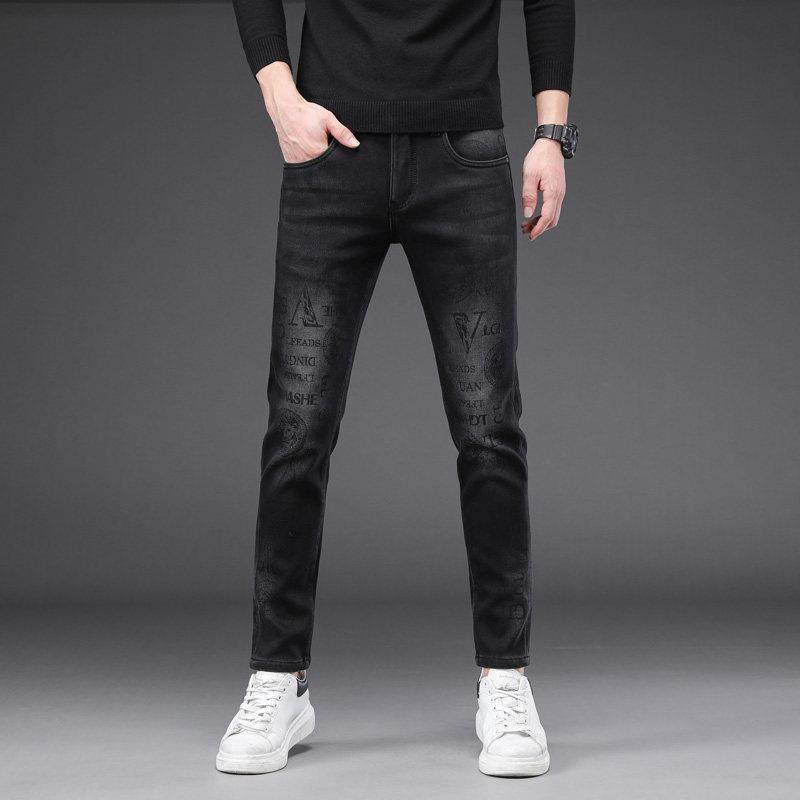 香港黑色九分牛仔裤男秋冬款加绒加厚修身小脚弹力长裤子2025新款