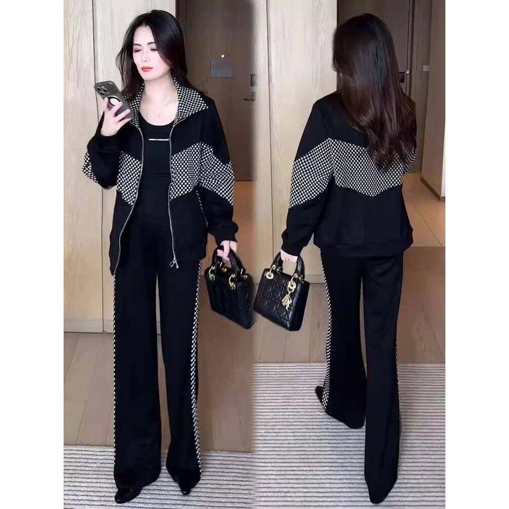 香港代购时尚休闲套装女秋季新款洋气格子拼接短外套运动裤两件套