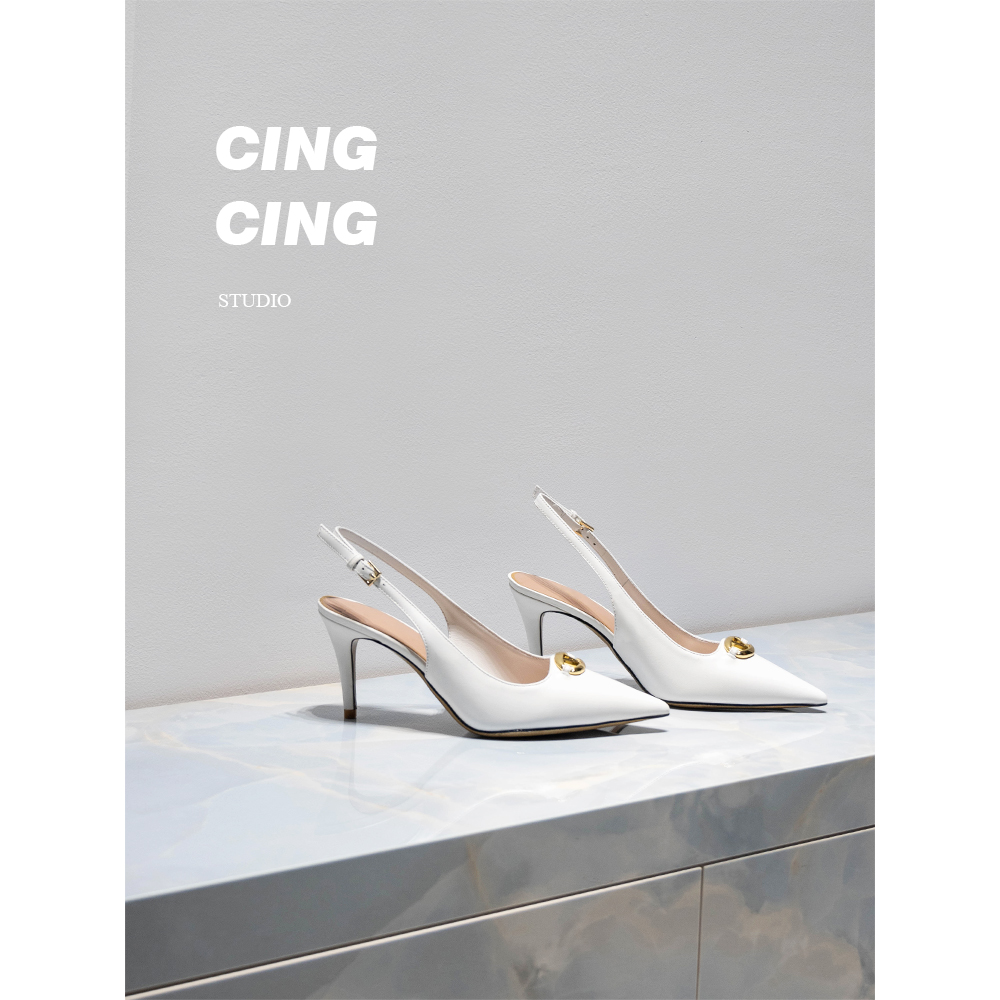 CING`CING 闭眼入~招牌款 尖头V扣真皮大底高跟鞋羊皮后空凉鞋女