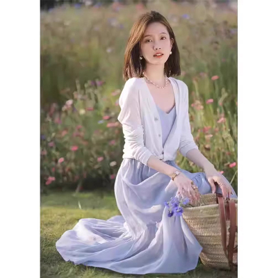 欧洲站春装女款2025年新款法式温柔系穿搭蓝色吊带连衣裙两件套装