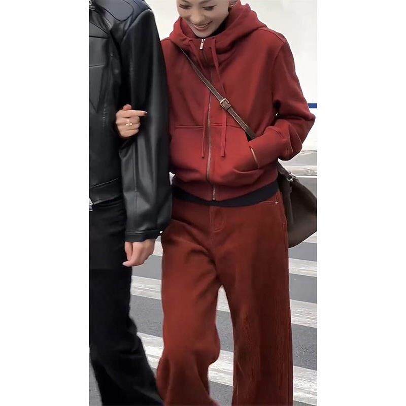 休闲运动套装女冬季新款高级感轻奢加绒加厚连帽卫衣阔腿裤两件套