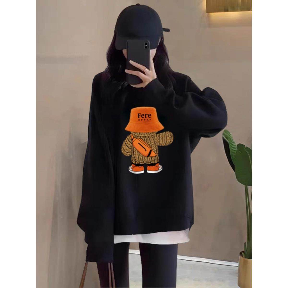 韩国假两件圆领卫衣女装2025春秋新款宽松中长款加绒加厚无帽上衣