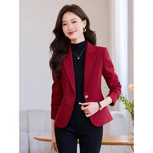 红色职业西装外套女秋季新款时尚气质收腰百搭亮闪闪商务休闲西服