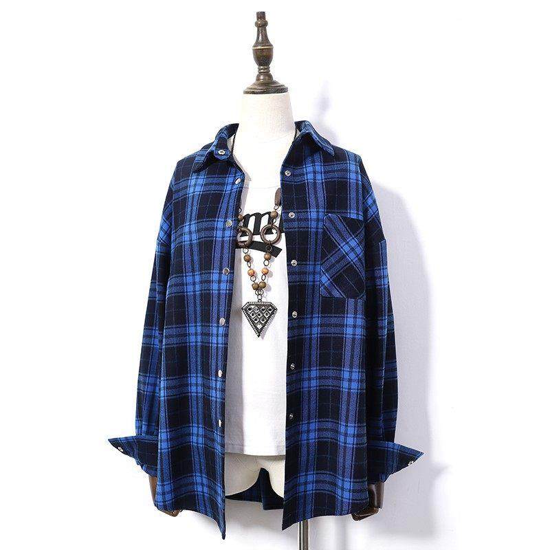 春秋新款蓝色格子衬衫女覆古港味宽松韩版外套中长款长袖直筒百搭,女装/女士精品,衬衫,淘宝优惠券,粉丝福利购,淘宝优惠卷
